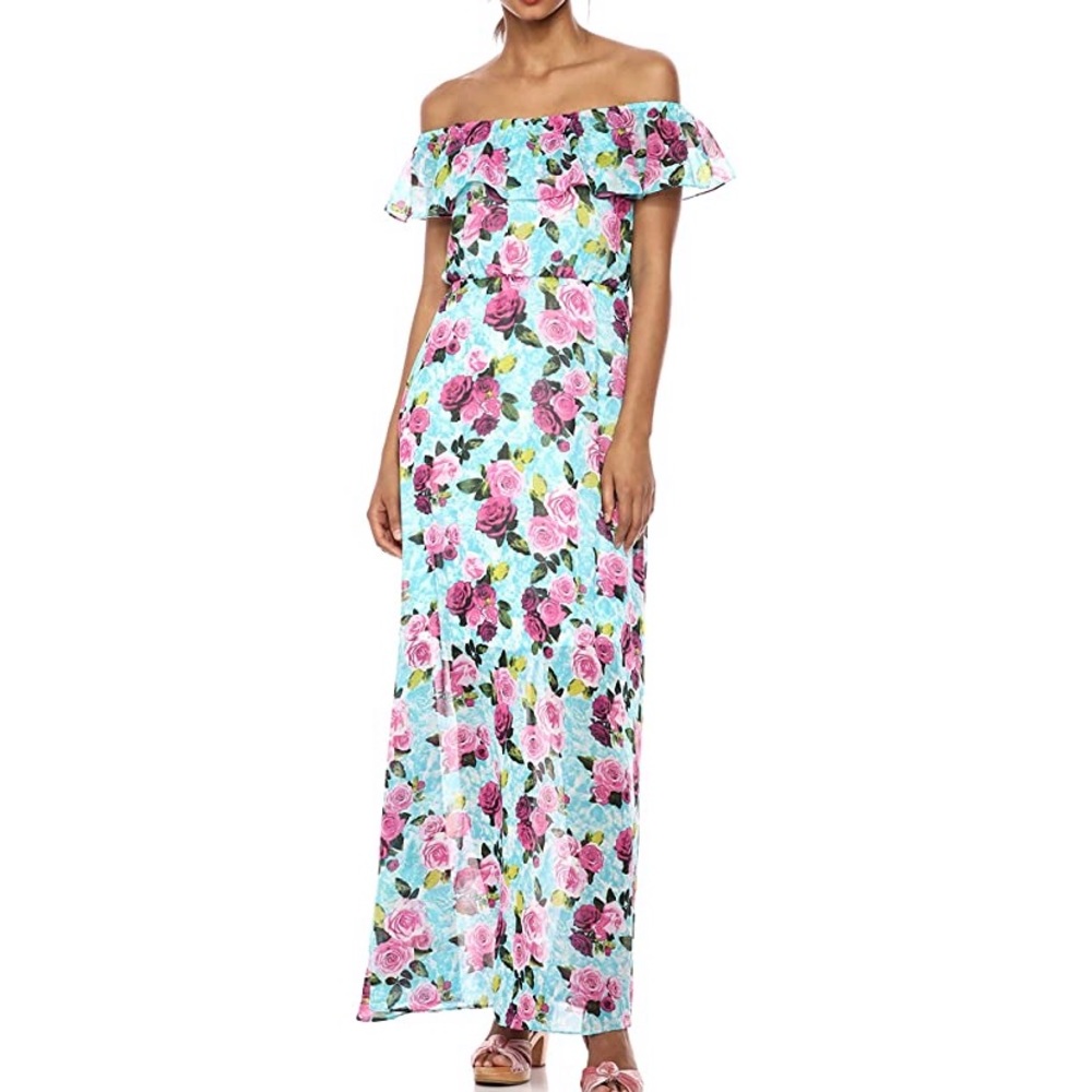 Betsey Johnson Floral Maxi Dress, Pastels, Ruffled Off the Shoulder Maxi Dress